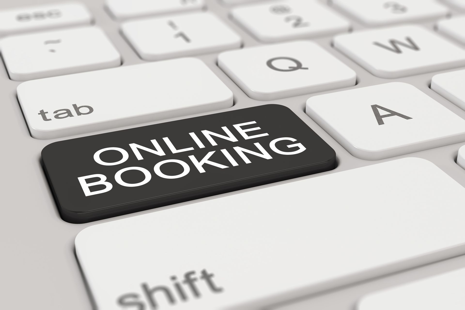 3d rendering of a white keyboard with black online booking button.

